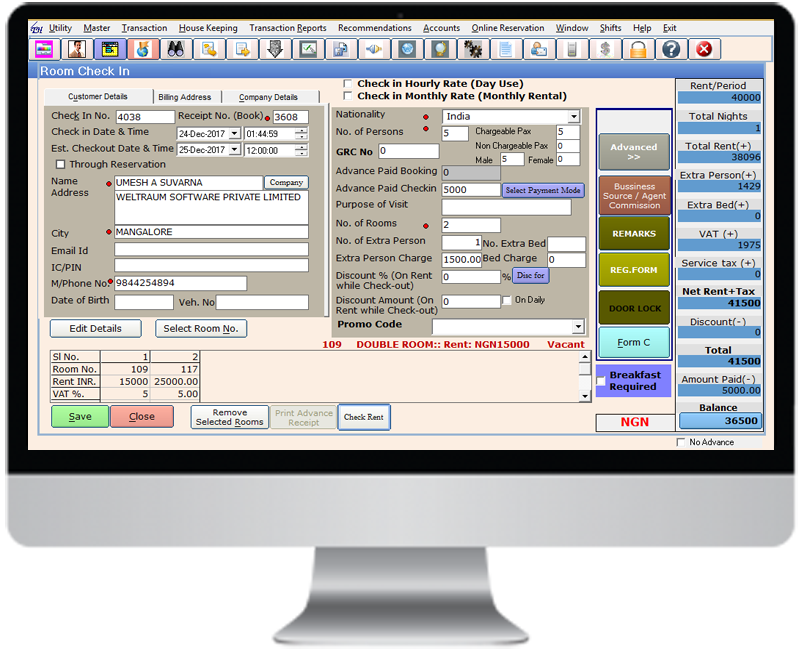 Weltraum PMS Hotel Software Checkin Screen